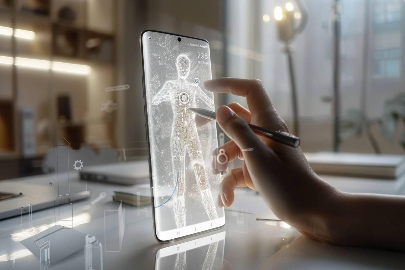 Image d'un smartphone affichant un modèle 3D du corps humain