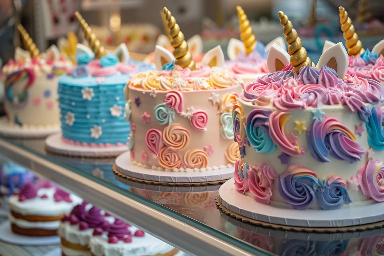 Gâteaux multicolores décorés de roses, d'étoiles et de cornes de licorne