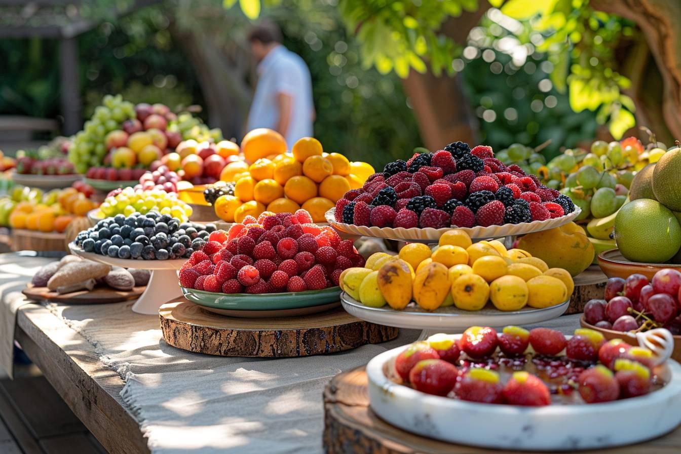 Assortiment de différents fruits frais et mûrs sur des présentoirs