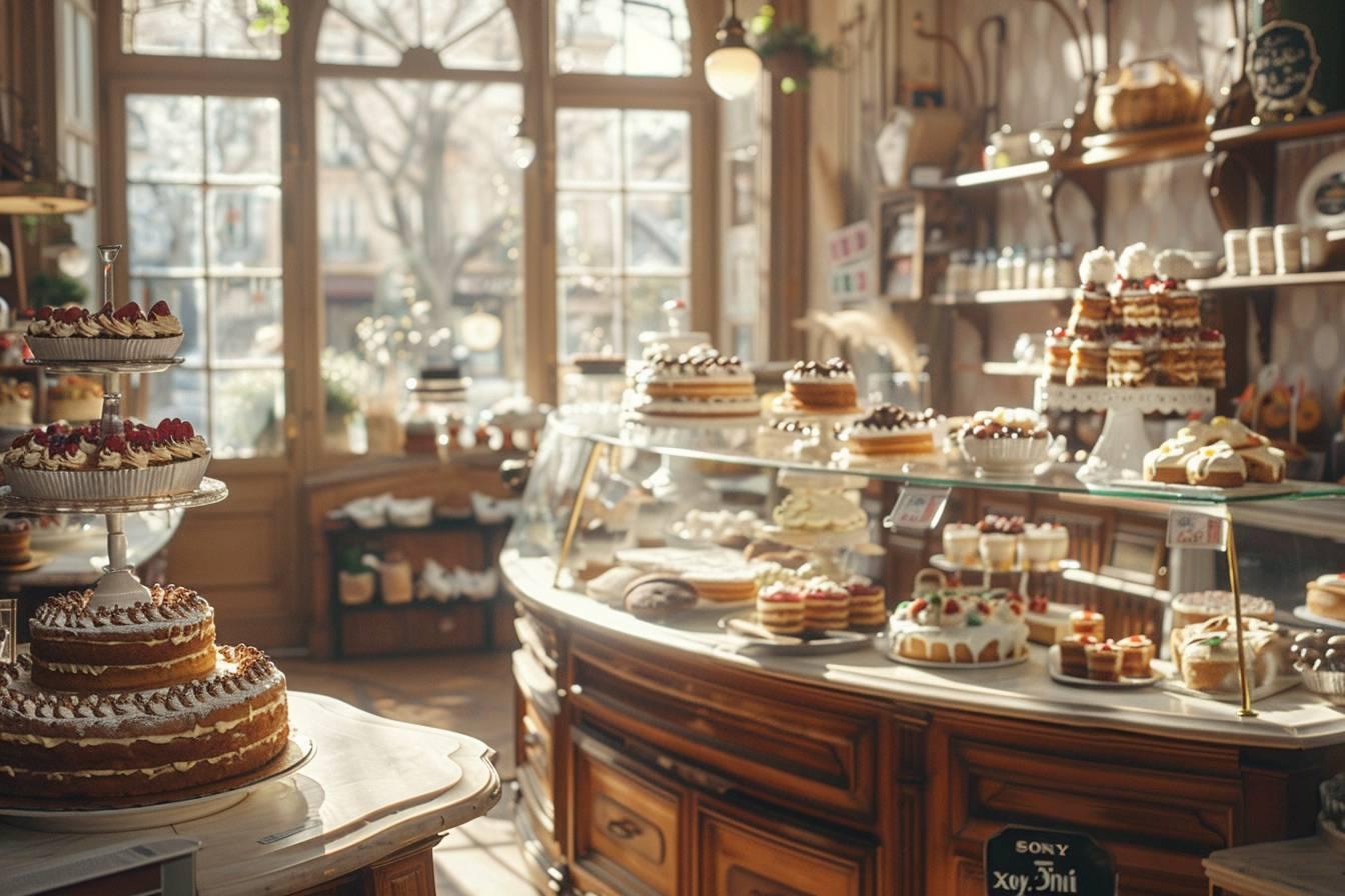 Une vitrine remplie de gâteaux et pâtisseries dans un décor ancien.