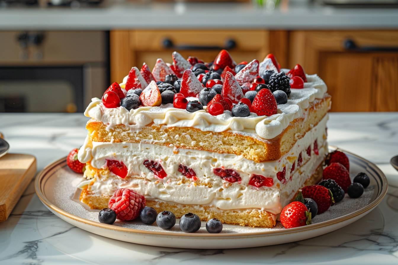 Gâteau moelleux décoré de fraises, mûres et bleuets frais