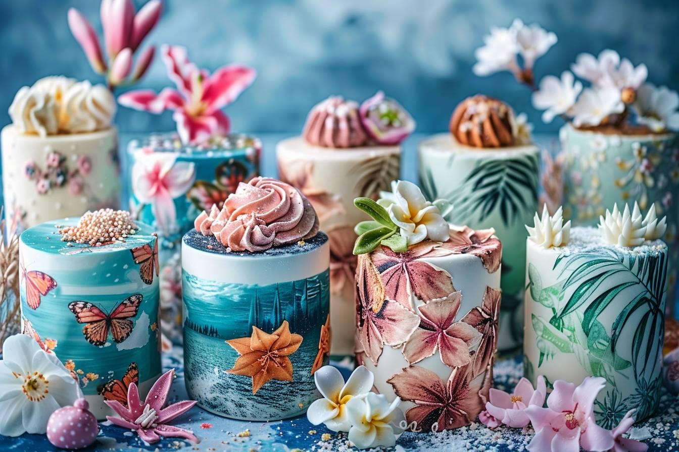 Gâteaux décorés de fleurs, de papillons et de feuillage tropical