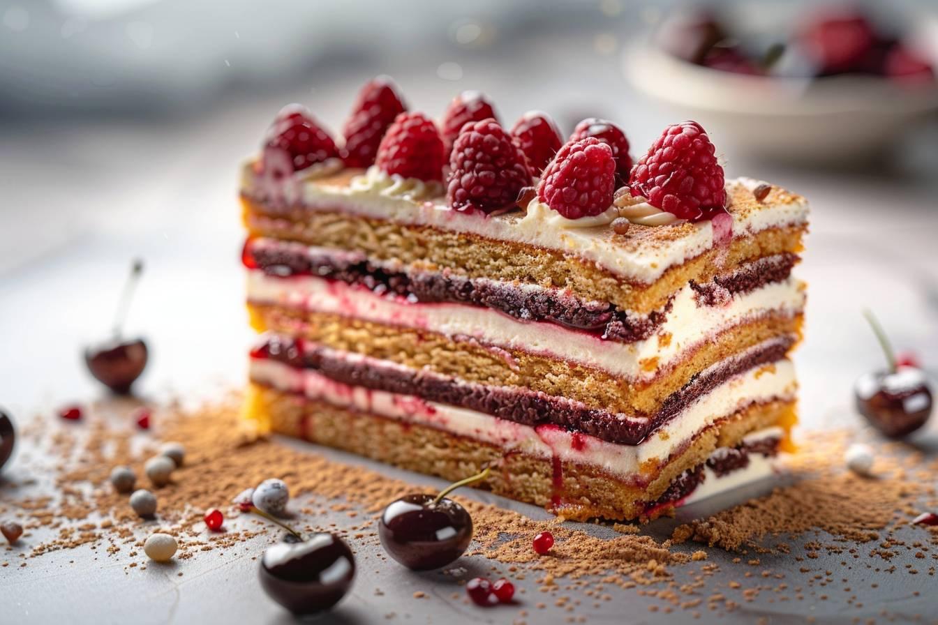 Gâteau moelleux à plusieurs couches garni de framboises rouges